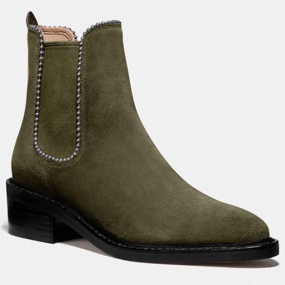 Coach Bowery bead Chelsea Khaki Green Suede Leather Ankle Fashion Boots Booties - Picture 4 of 14